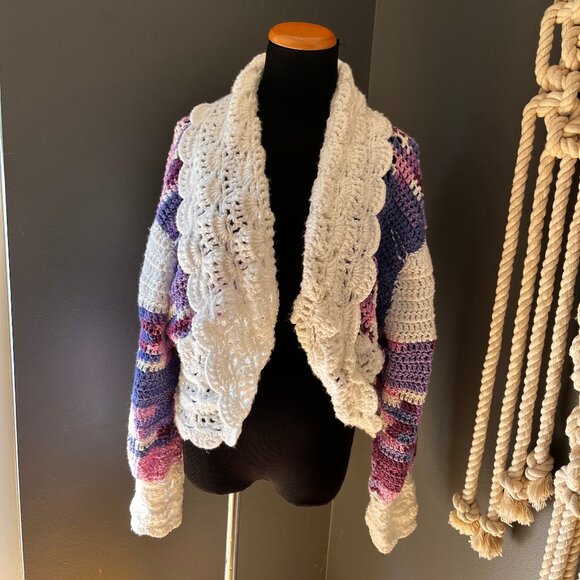 Crochet Granny Core Hand Knit Cardigan Sweater Purple M/L Cottage Fairy Girly - Picture 4 of 11